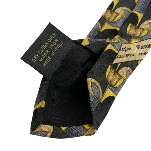 Ermenegildo Zegna Mens Silk Necktie Navy Gold Tulip Pattern Made In Italy - Picture 5 of 5